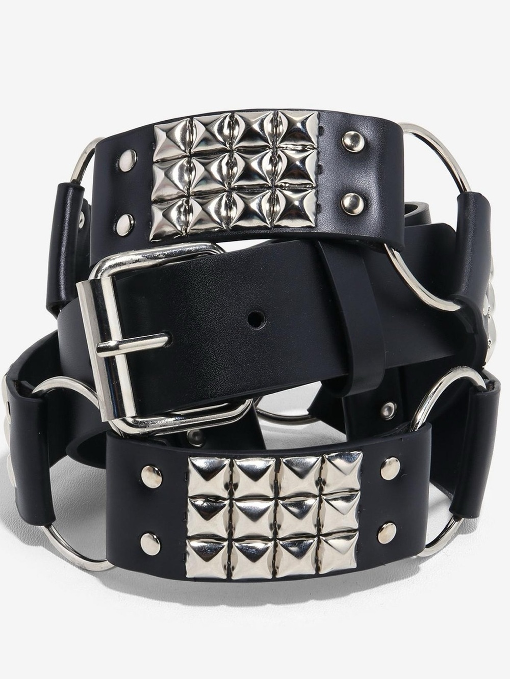 Hot Topic Pyramid Stud & O-Ring Waist Belt Black Faux Leather w Silver Buckle